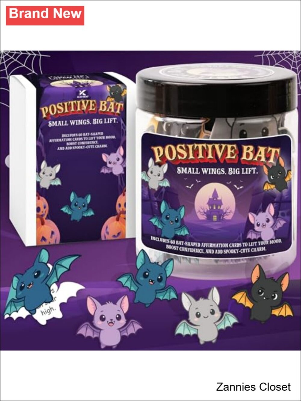 👻 Halloween Positive Bat Jar with 60 Affirmation Cards Gift Acrylic Jar